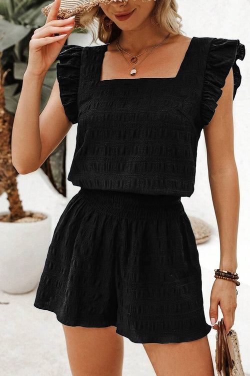 Textured Square Neck Top & High Waist Shorts Set